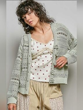 #1519 POL Lime Meadow Crochet Cardigan